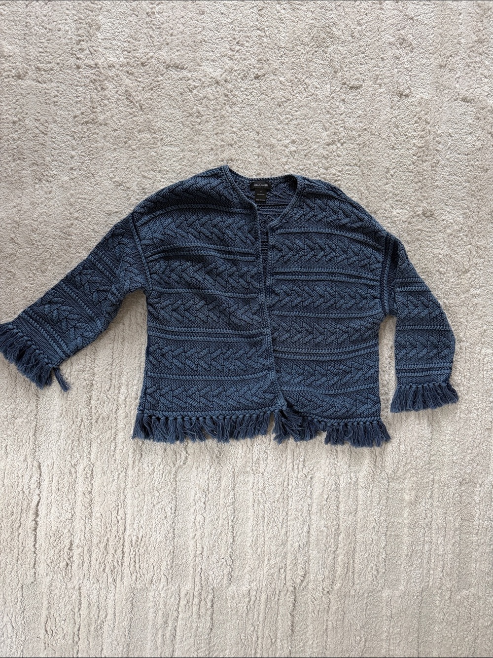 Sara Campbell Navy Blue Fringe Knit Cardigan